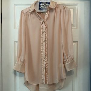 Blush Chiffon Kate Spade Blouse with Pearl Buttons and Velvet Accents
